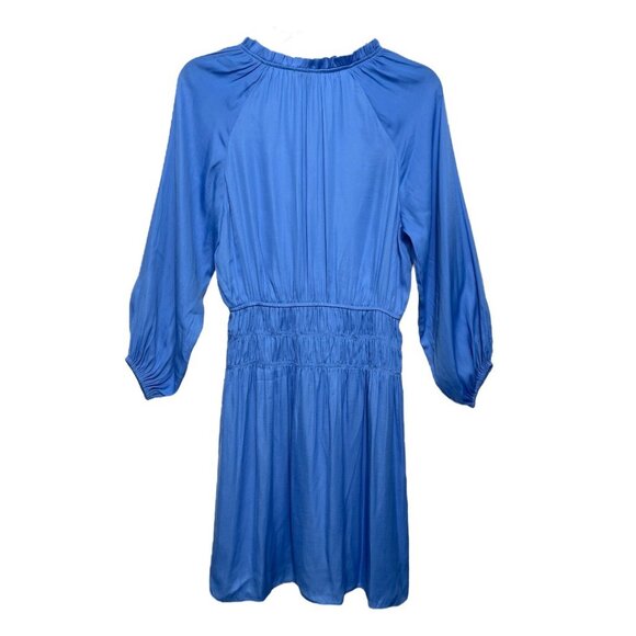 Loft Long-Sleeve Elastic Waist Mini Dress With Tie Neck in Blue Size 2 - Picture 3 of 6